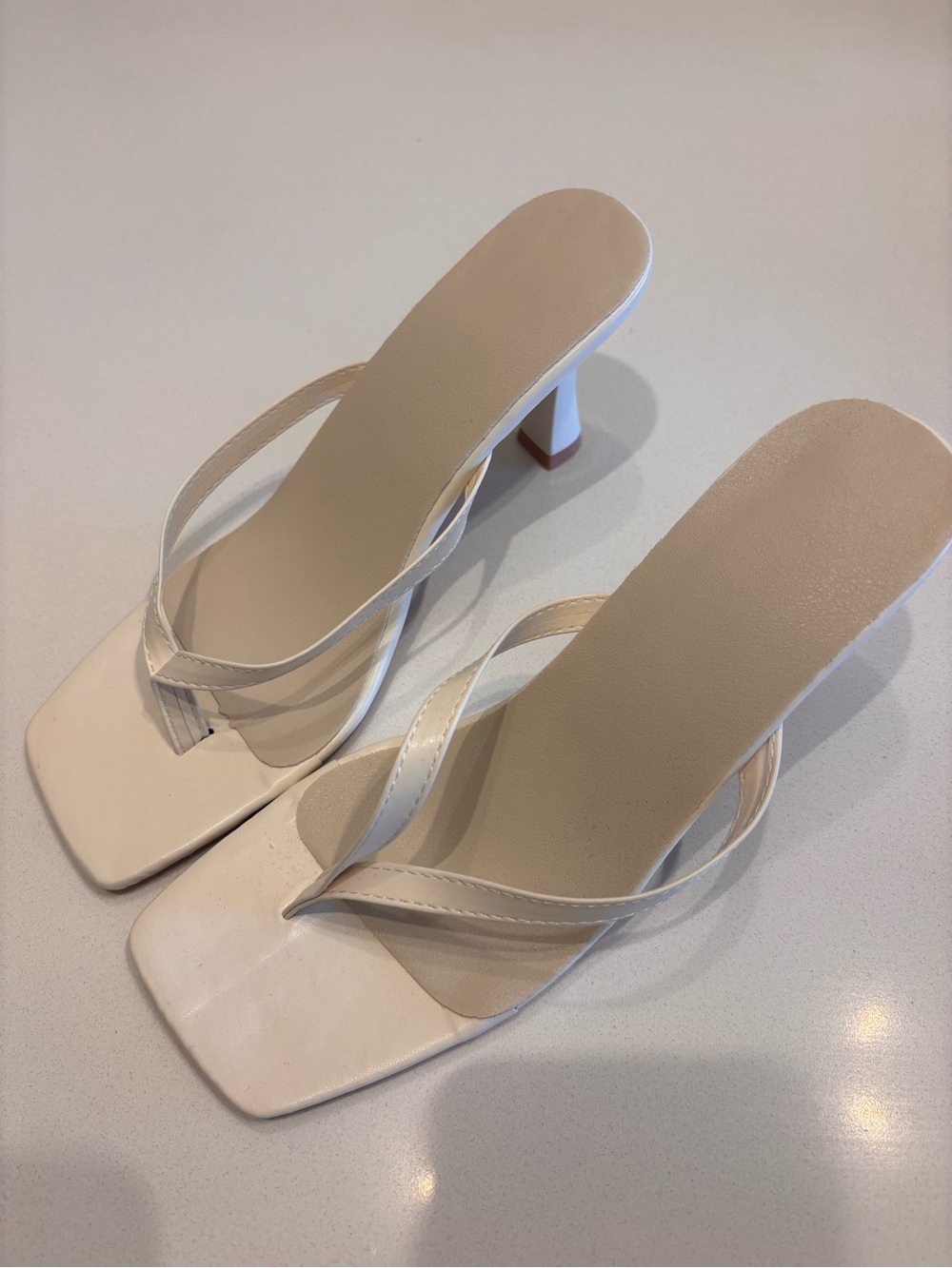 Womens White Square-Toe Heeled Thong Sandals
